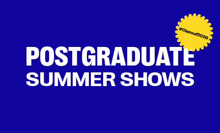 Blue background with white text reading "POSTGRADUATE SUMMER SHOWS" and yellow circular badge in top right corner.