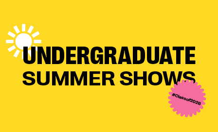 Yellow background with black text reading "UNDERGRADUATE SUMMER SHOWS". White sun icon on left, pink circular badge on right.