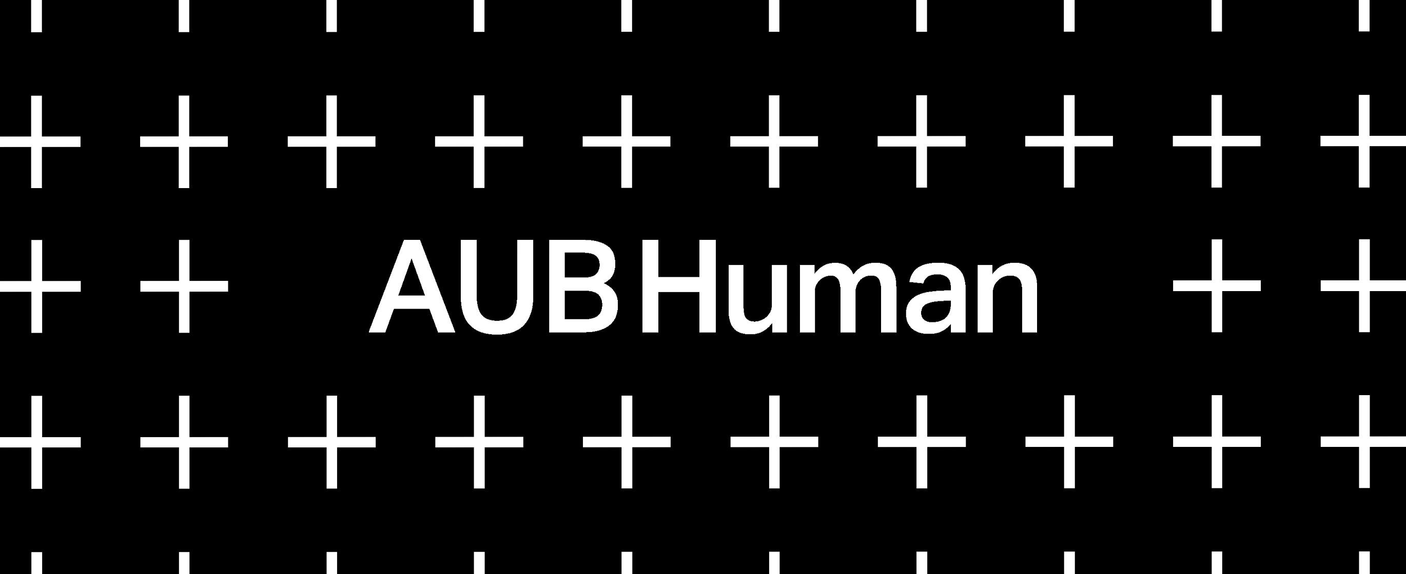 Black banner with rows of plus signs and the text 'AUB Human' in the centre.