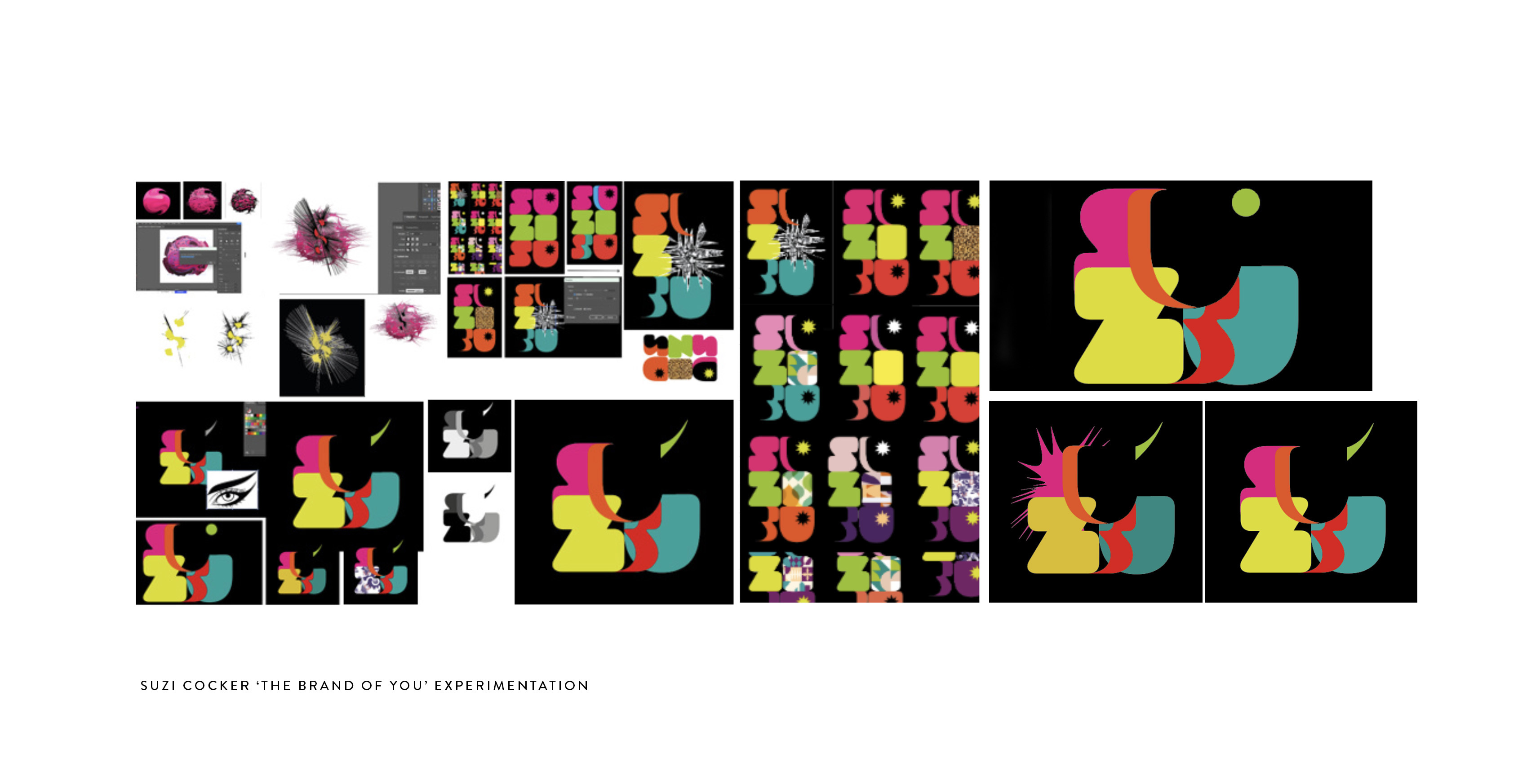 A grid of screenshots showing different designs and iterations of a colourful abstract logo.