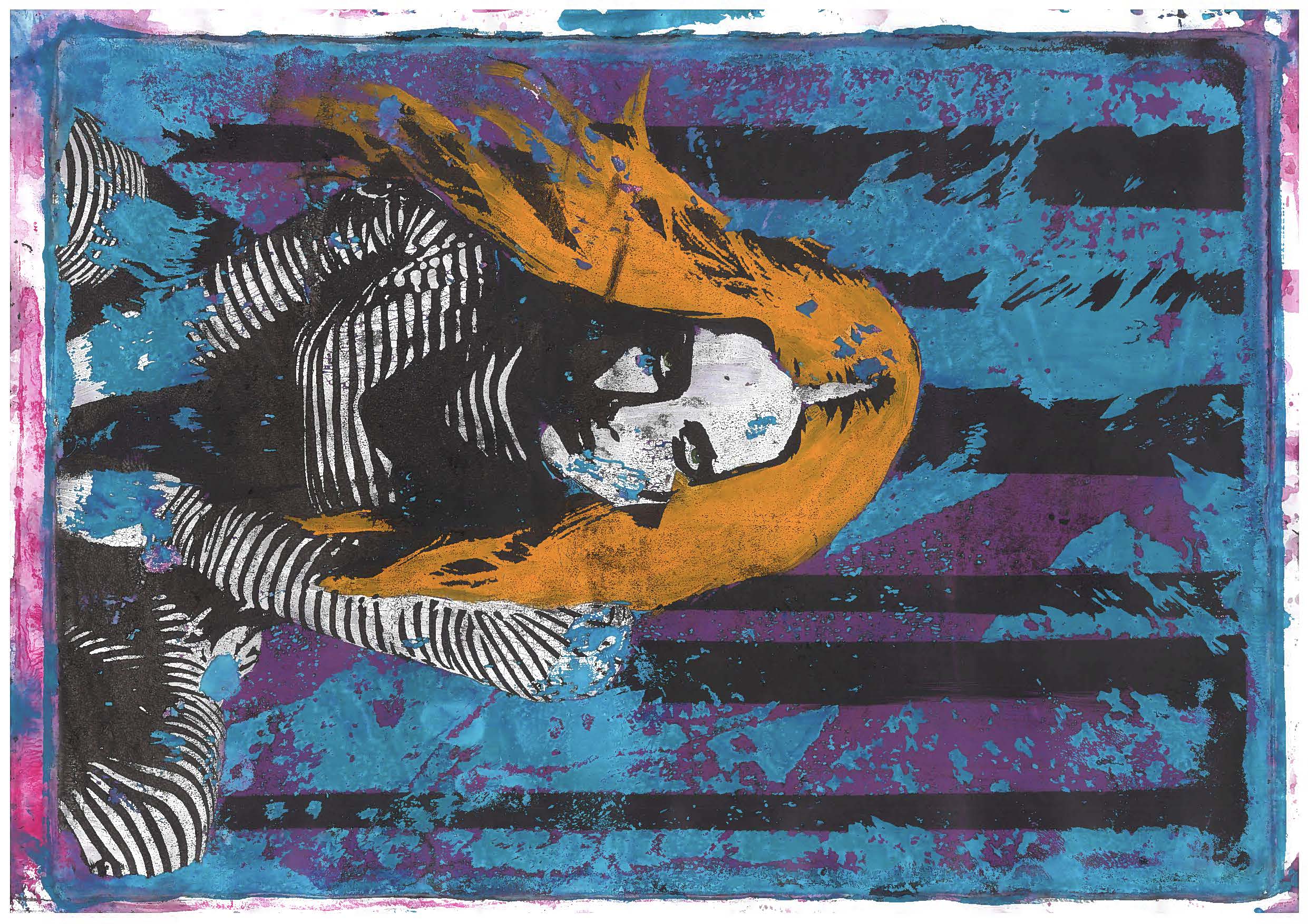 An abstract artwork featuring a figure with long orange hair, lying on a vibrant blue background. The figure is dressed in black and white stripes, with contrasting purple and pink horizontal lines and splashes of colour enhancing the composition.