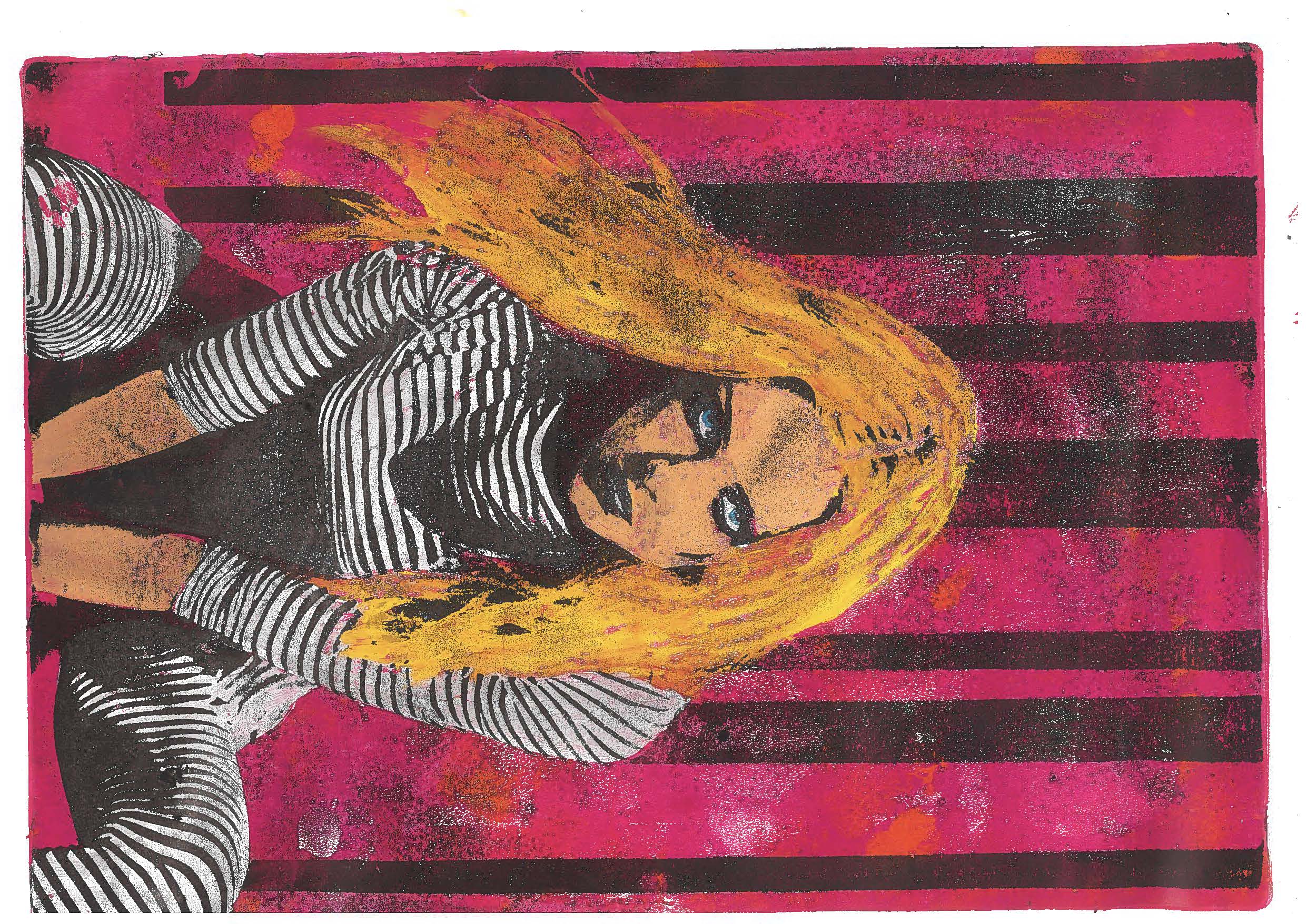 A stylised illustration of a woman with long, bright yellow hair, seated in a slouched position. She wears a black and white striped outfit, and the background features bold pink colours and vertical black stripes.