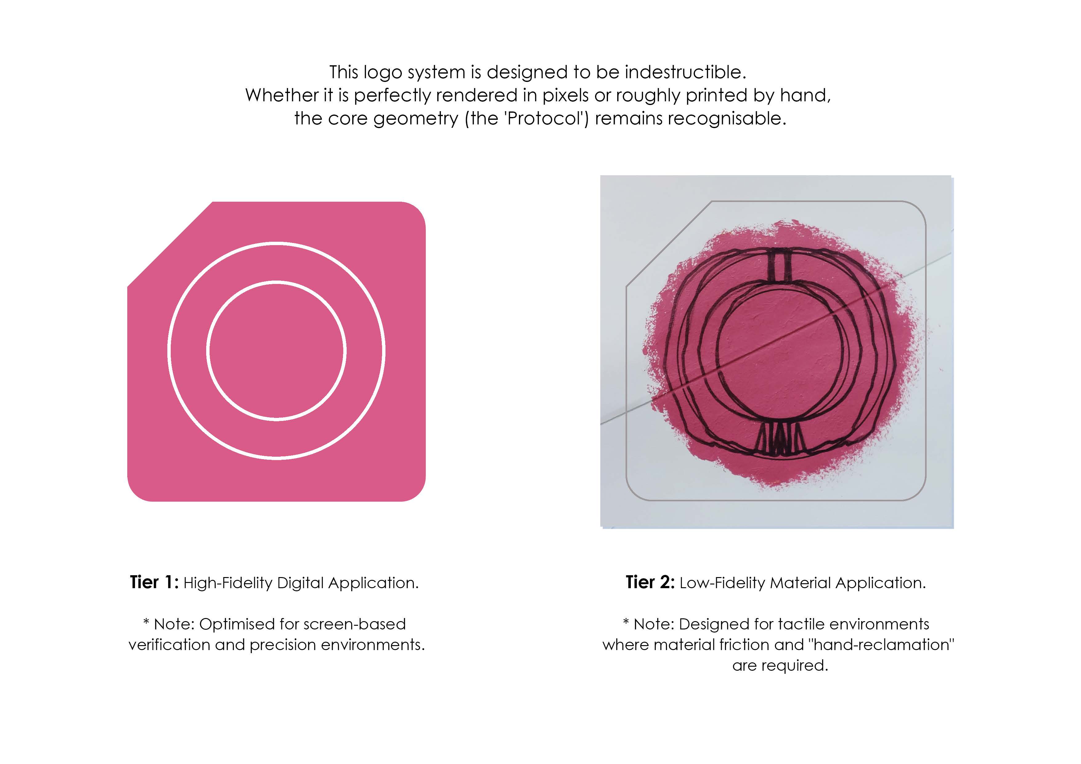 A graphic features two logo applications. On the left, a pink logo in a square with rounded corners, showing concentric circles. On the right, a textured logo resembling a hand-drawn circle with an outline, presented within a larger square.