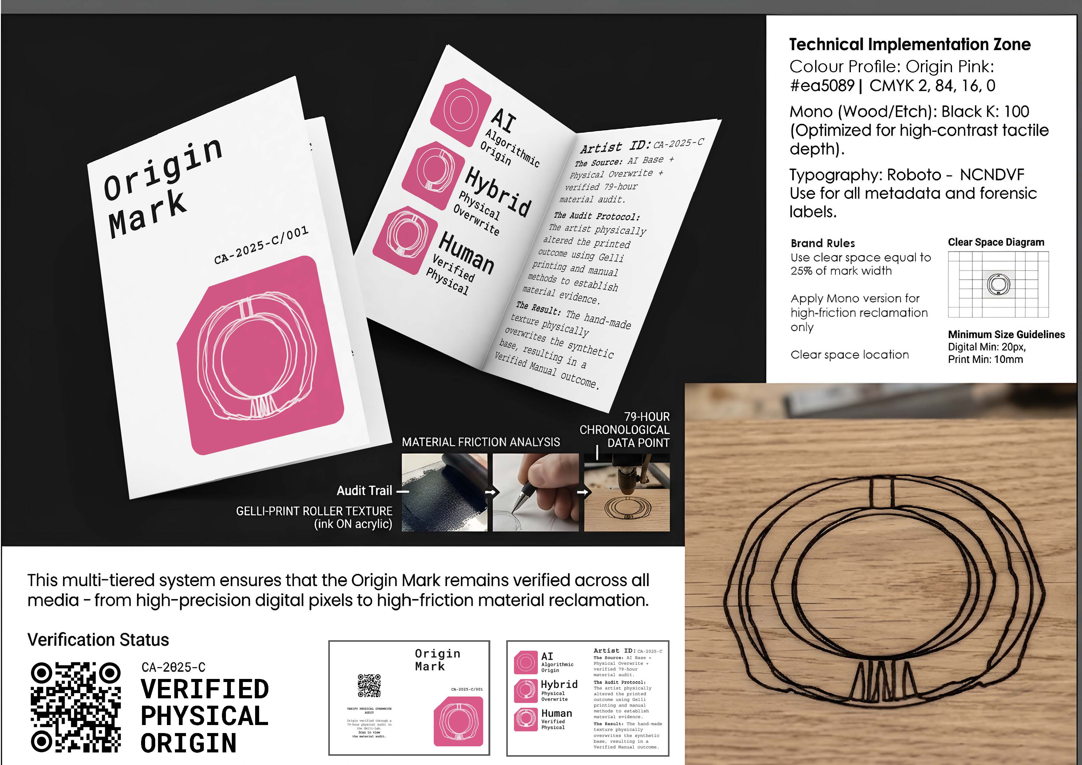 A printed guide titled "Origin Mark" outlines material verification processes with sections labelled "AI", "Hybrid", and "Human". An illustration of a circular object is at the bottom. The guide also includes technical specifications and a verification status section.