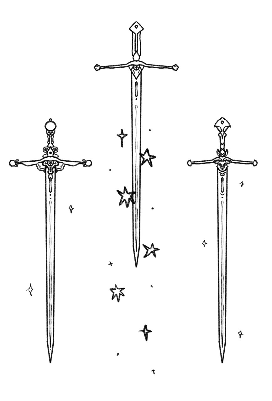 Three ornate swords with decorative cross guards and pommels, surrounded by small star shapes and dots on white background.