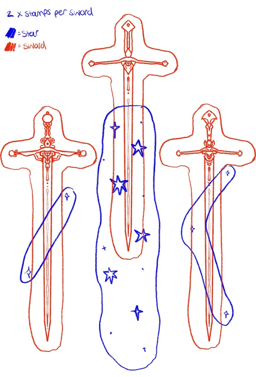 Sketch of three ornate swords in red ink with blue star symbols and curved lines overlaid. Handwritten notes indicate stamping method.