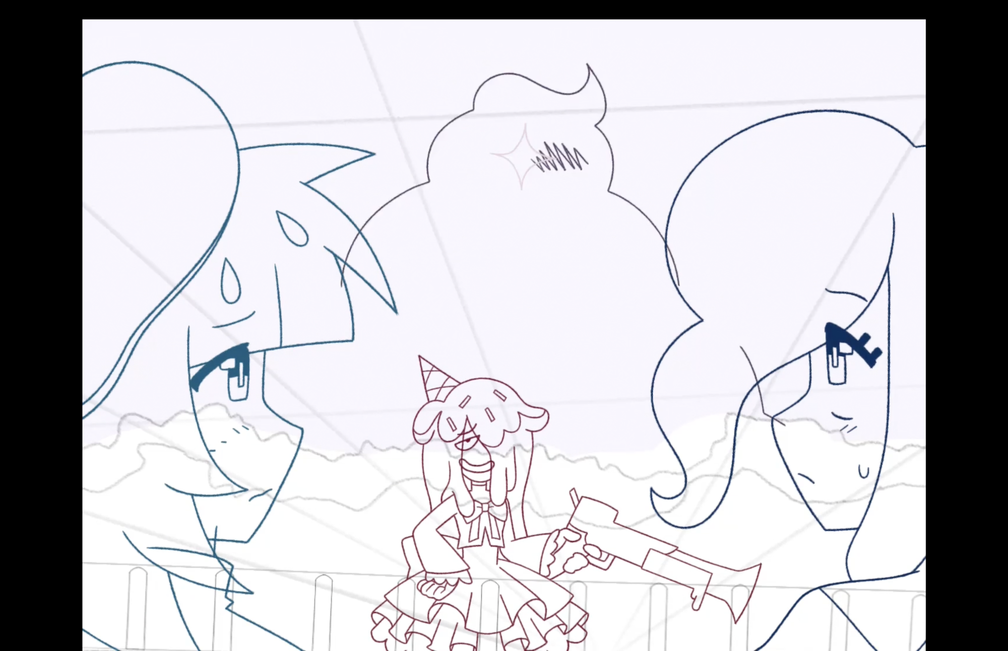 Colour line drawn animation of three characters conversing, while a shadow appears behind them.