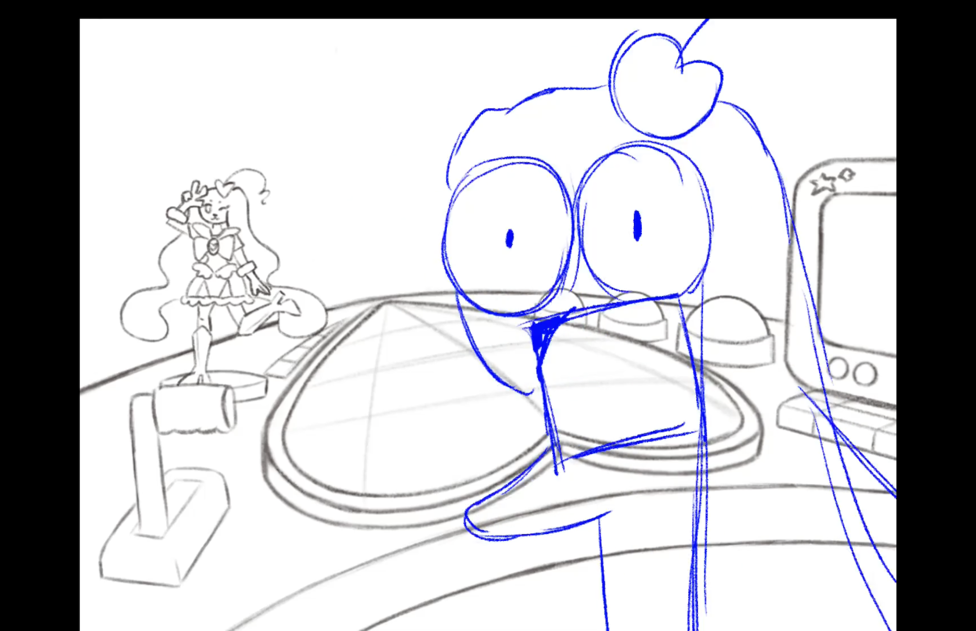 Animation colour line drawing of a flying squirrel-like character looking shocked at the camera.