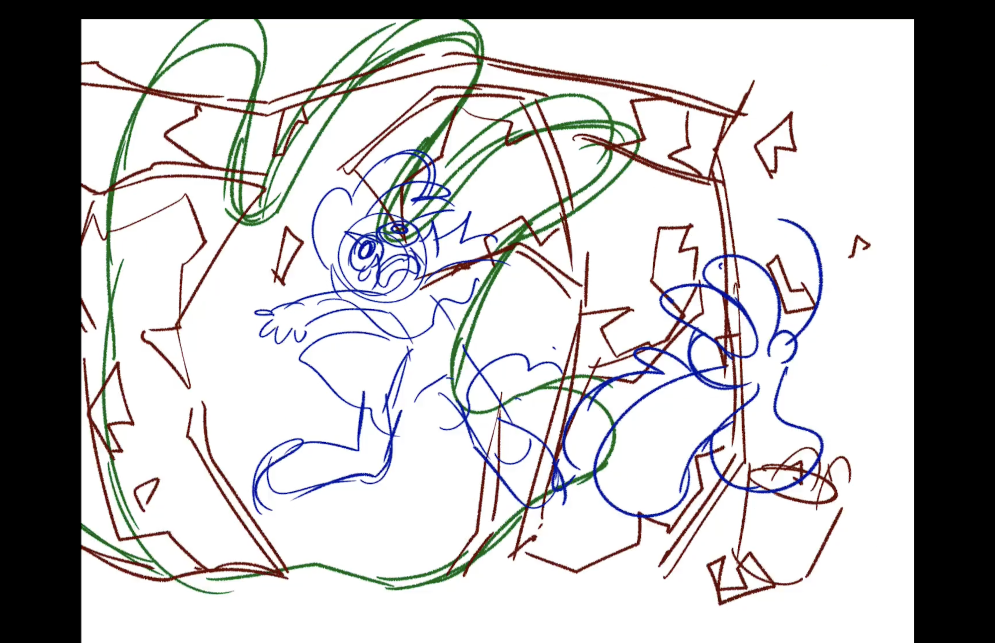 Animated colour line drawing of a human and a flying squirrel characters being attacked by a gigantic hand.
