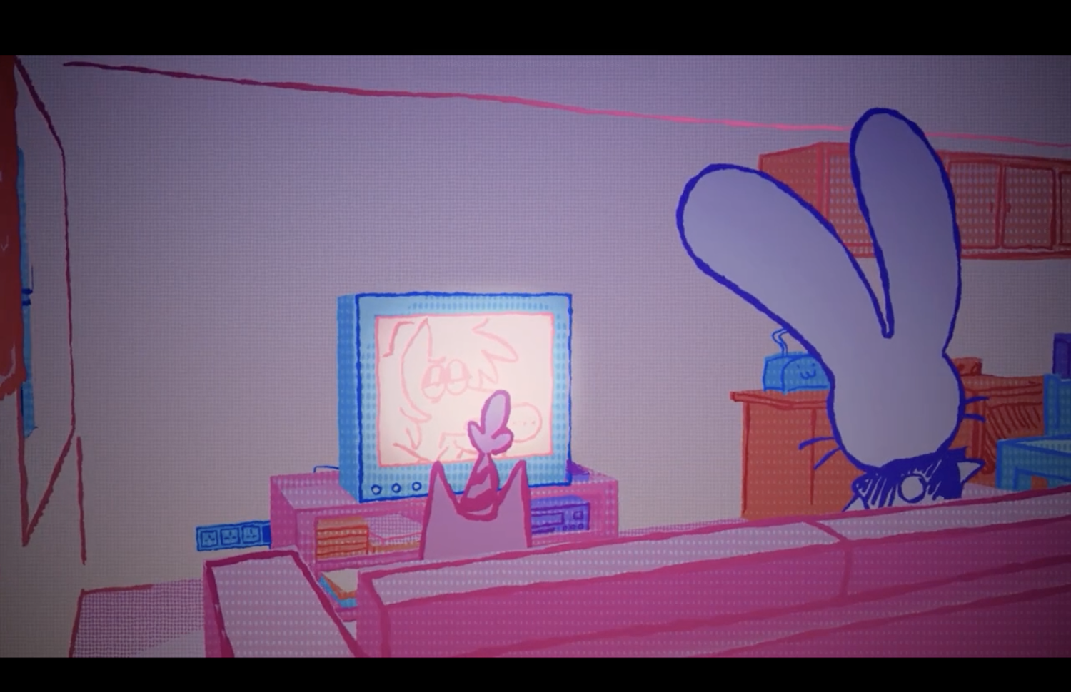 Animated still of a white rabbit and a pink creature wearing a party hat, sitting on a sofa and watching TV.