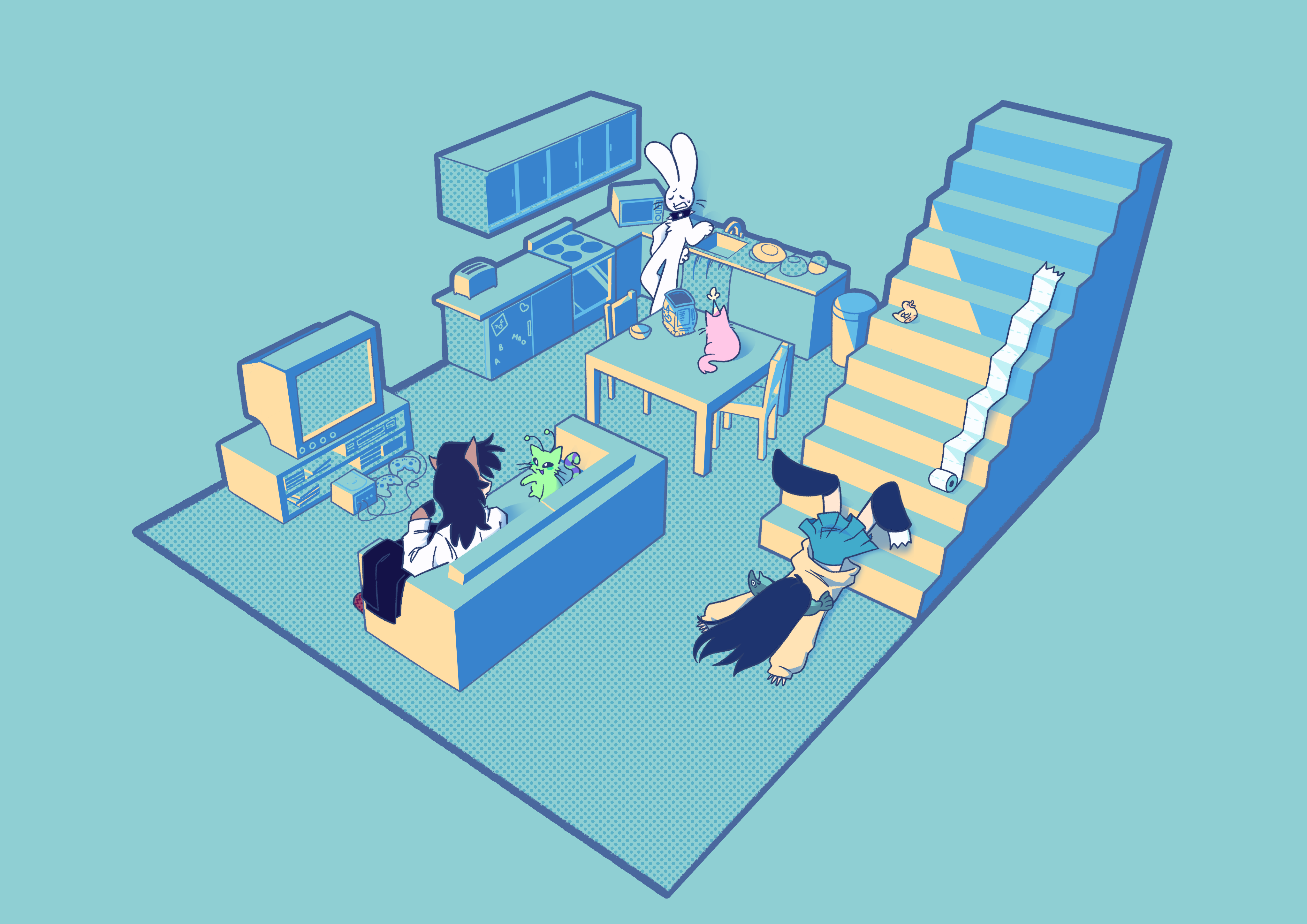 3D illustration of a living room and kitchen, with one character sitting on a sofa in front of a TV with a green cat, a human-like white rabbit leaning by the kitchen sink and a human character lying at the foot of some stairs.
