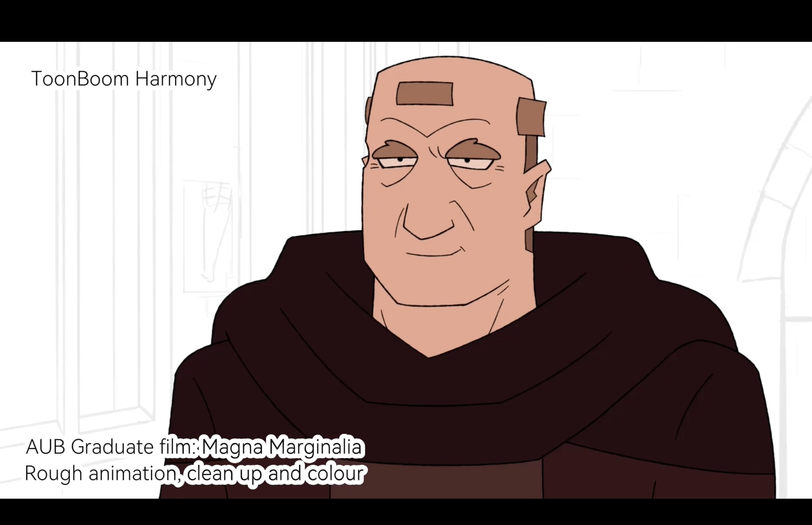 Animated still showing a balding character wearing black robes smiling.