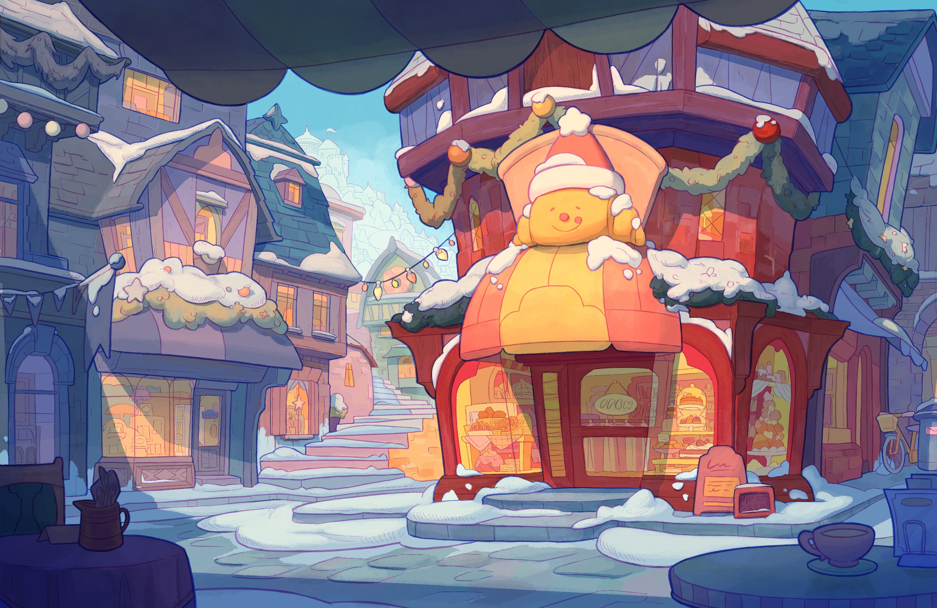 Illustration of a colourful snowy street. The front of a vibrant red shop with a Santa and gingerbread-like figure above the entrance.