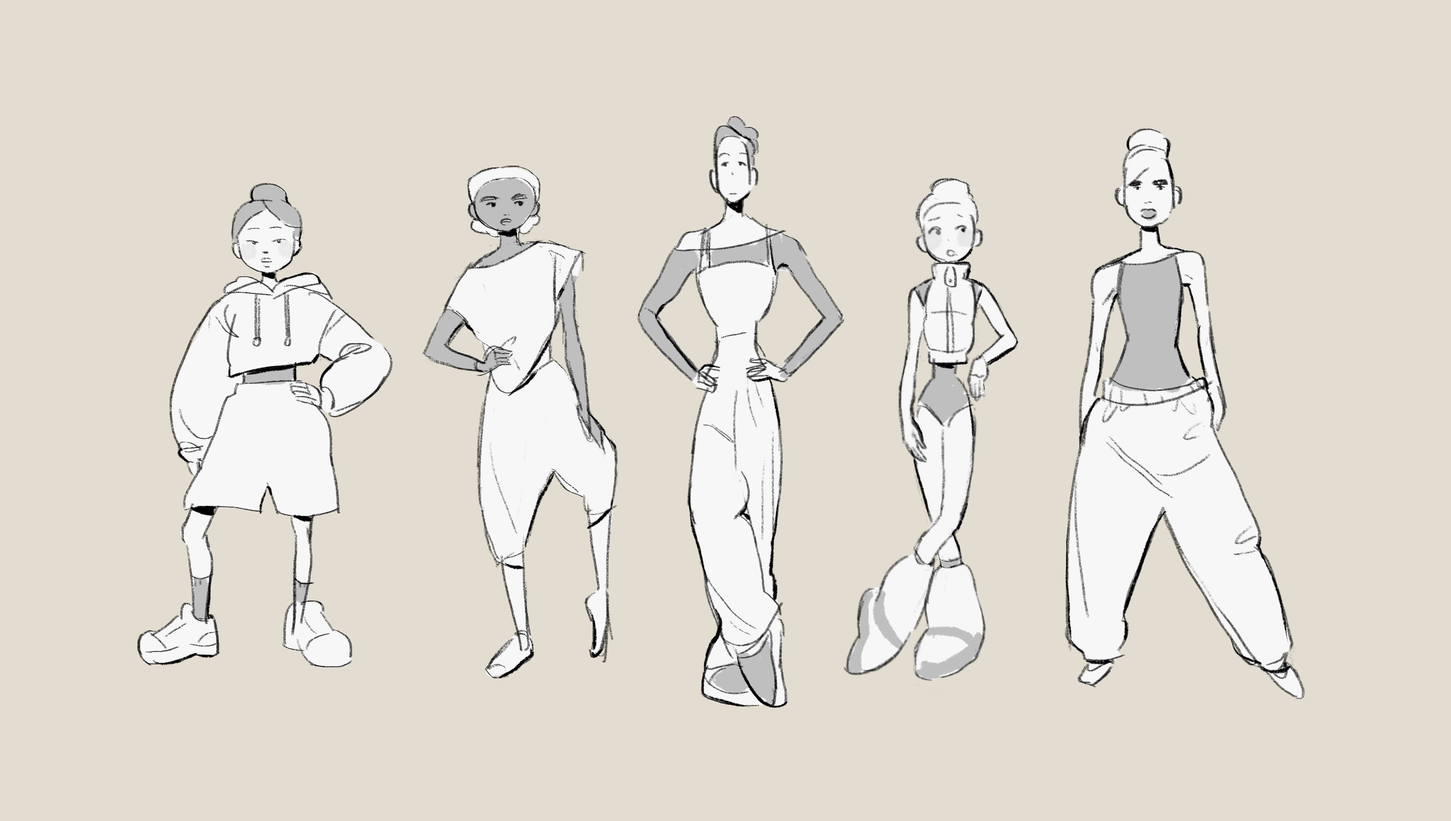 Line drawing of five characters standing in a line all pulling different poses.