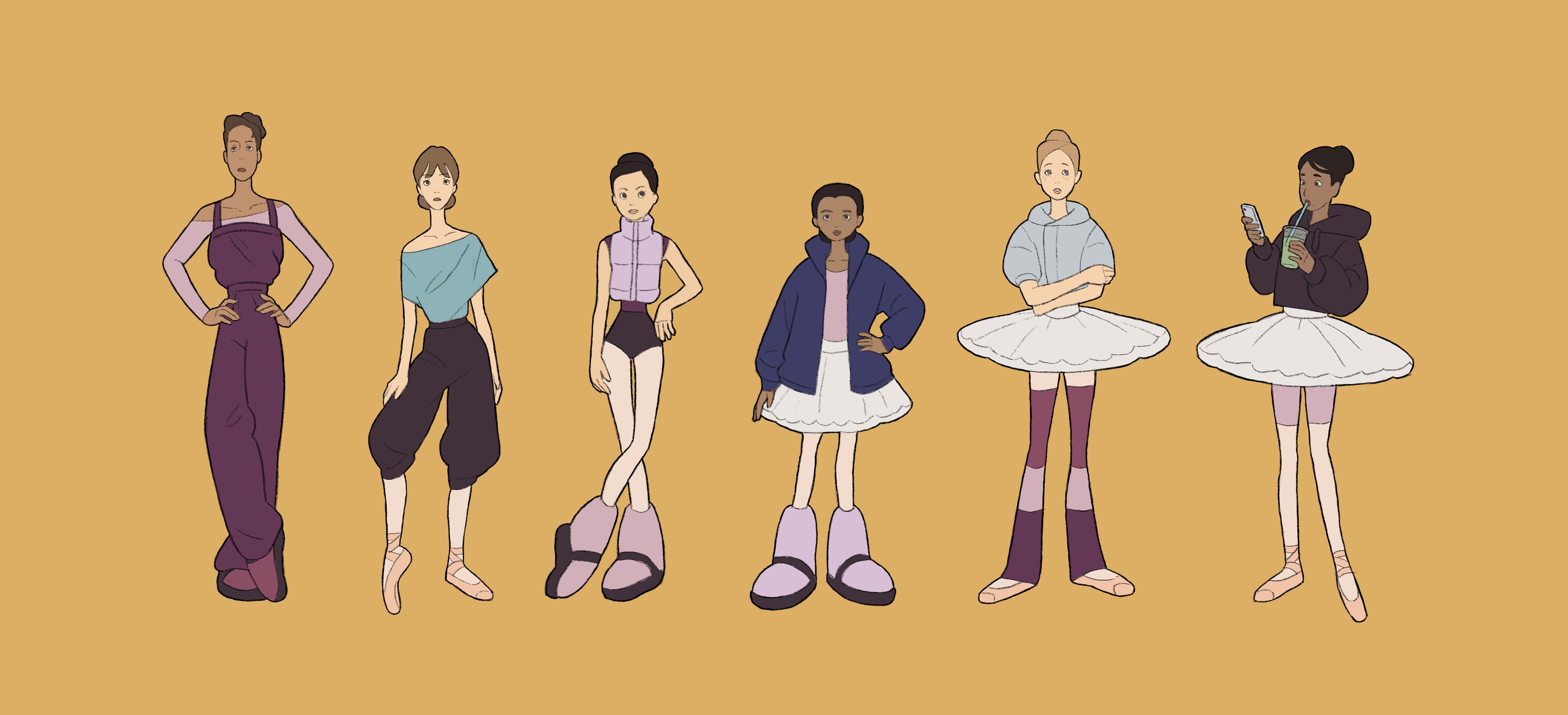Line of six animated characters all wearing different coloured dance outfits.
