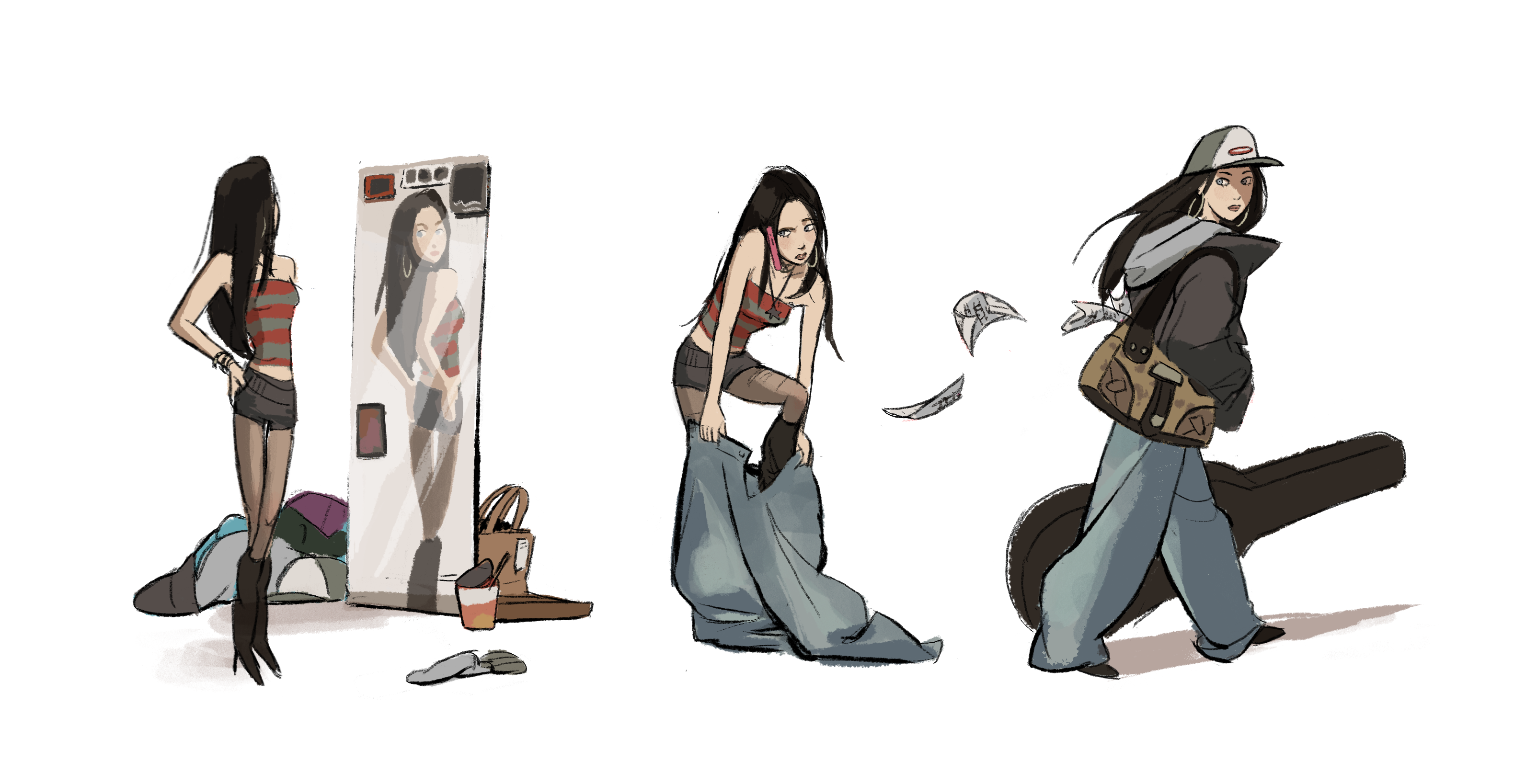 Three illustrations of the same character. The left image shows the character looking in mirror. The middle image shows the character putting on baggy jeans. The right image shows the same character now wearing a coat and hat and carrying a cello and a bag walking away.