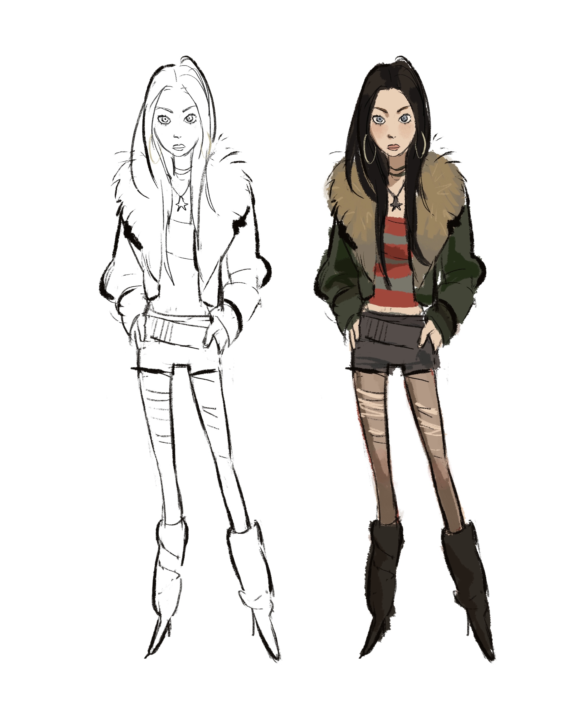Line drawing and coloured-in versions of the same character wearing a fur-collared coat, shorts and knee-high boots.