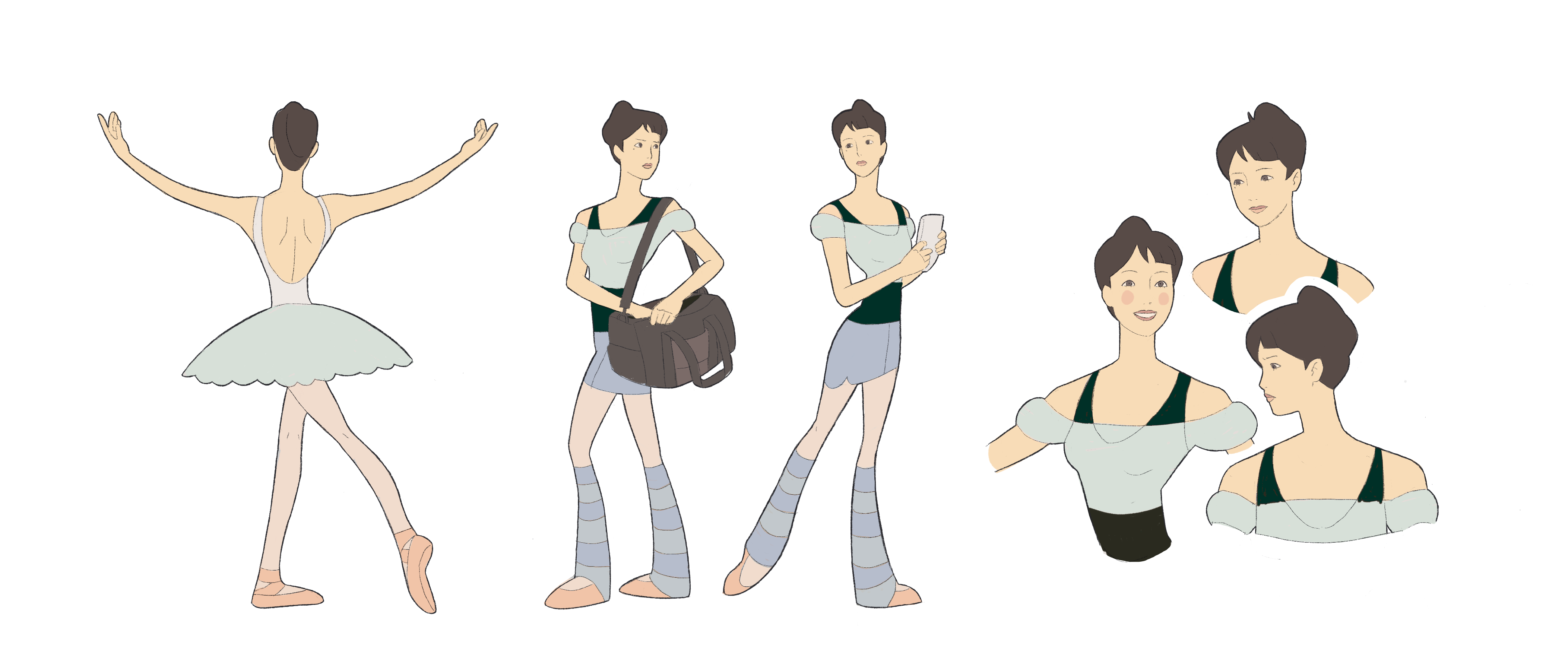 Six designs of a dancer character, pulling different poses and showing different expressions.