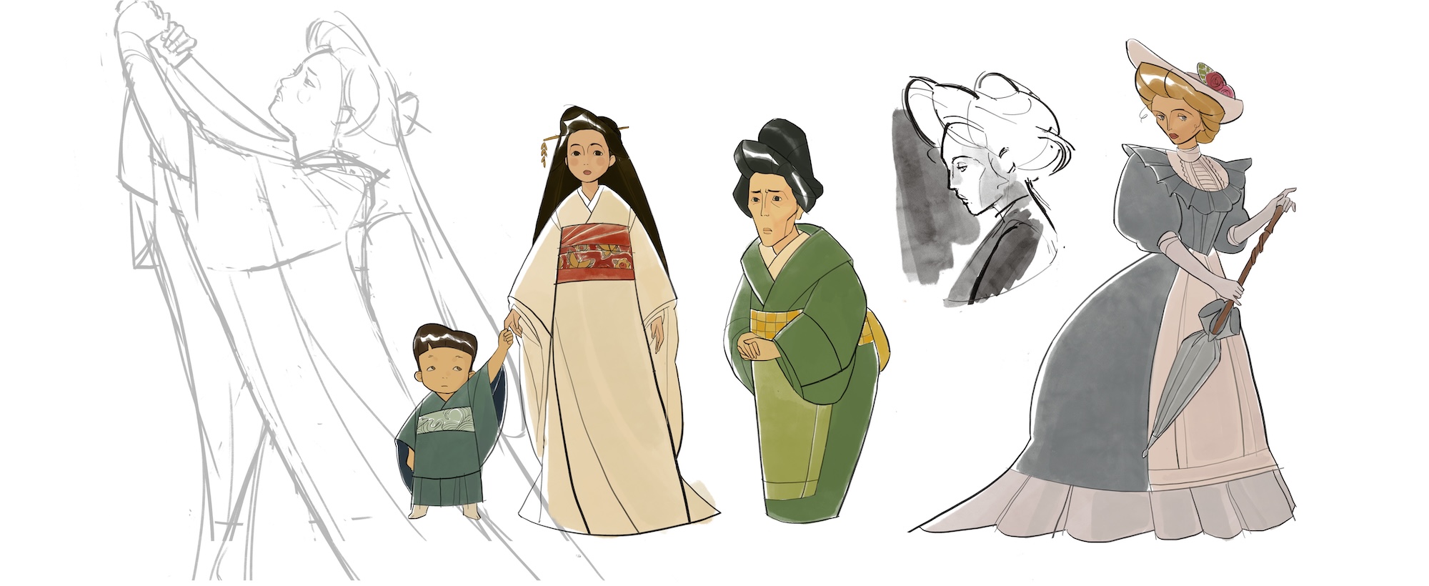 Colour and line drawings of several characters, including four Japanese-inspired characters, and two 19th century style women.