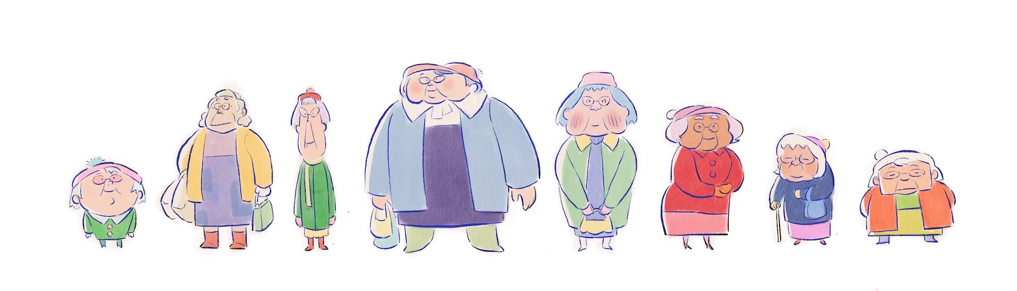 A line of eight elderly characters of differing heights, all wearing different colourful clothes and expressions.