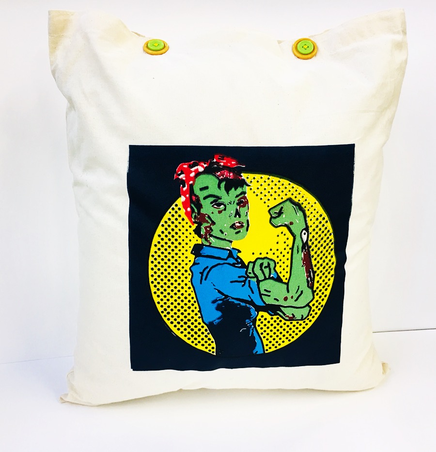 A white pouch with a printed design showing a green humanoid character lifting its sleeve and flexing its bicep.
