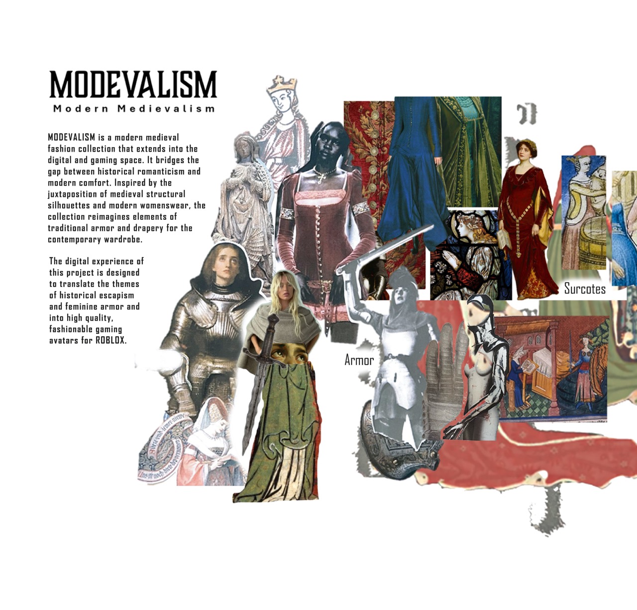 A collage titled “Modevalism” showing medieval-inspired fashion sketches, armour and dressed figures on a white background, with explanatory text on the left and labels such as “Armor” and “Surcotes”.