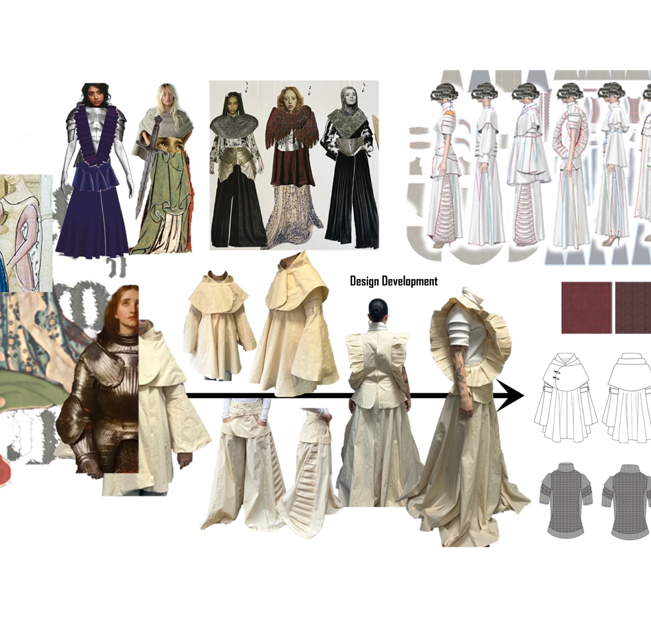 A fashion design development collage showing concept sketches, fabric swatches and draped garment mock-ups in cream, burgundy and black.