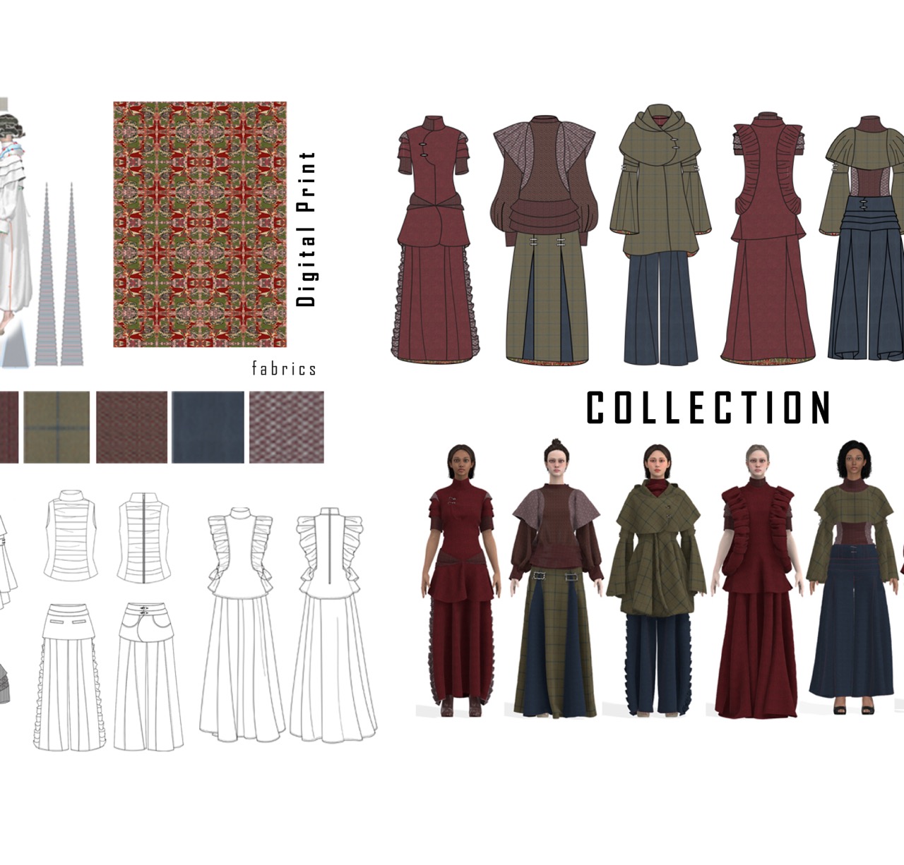 A fashion collection board shows colour sketches and line drawings of long dresses and layered tops, with fabric swatches and the words ‘Digital Print’ and ‘Collection’ on a white background.