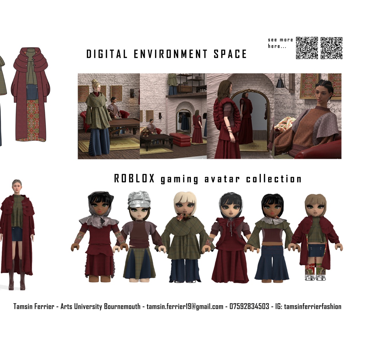 A promotional collage for a digital environment space and Roblox gaming avatar collection, showing six stylised avatars and costume designs on a white background beside interior mock-up scenes.