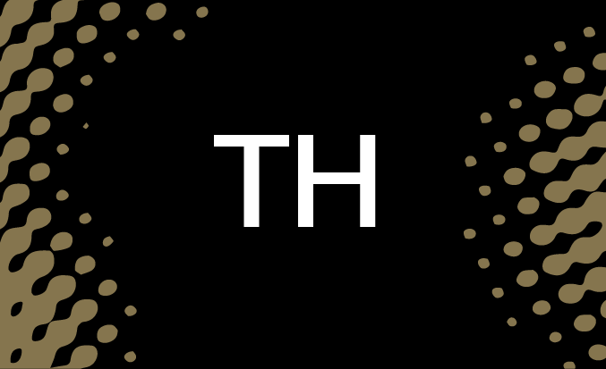 Black tile with gold pixellated accents and the initials TH in the centre.