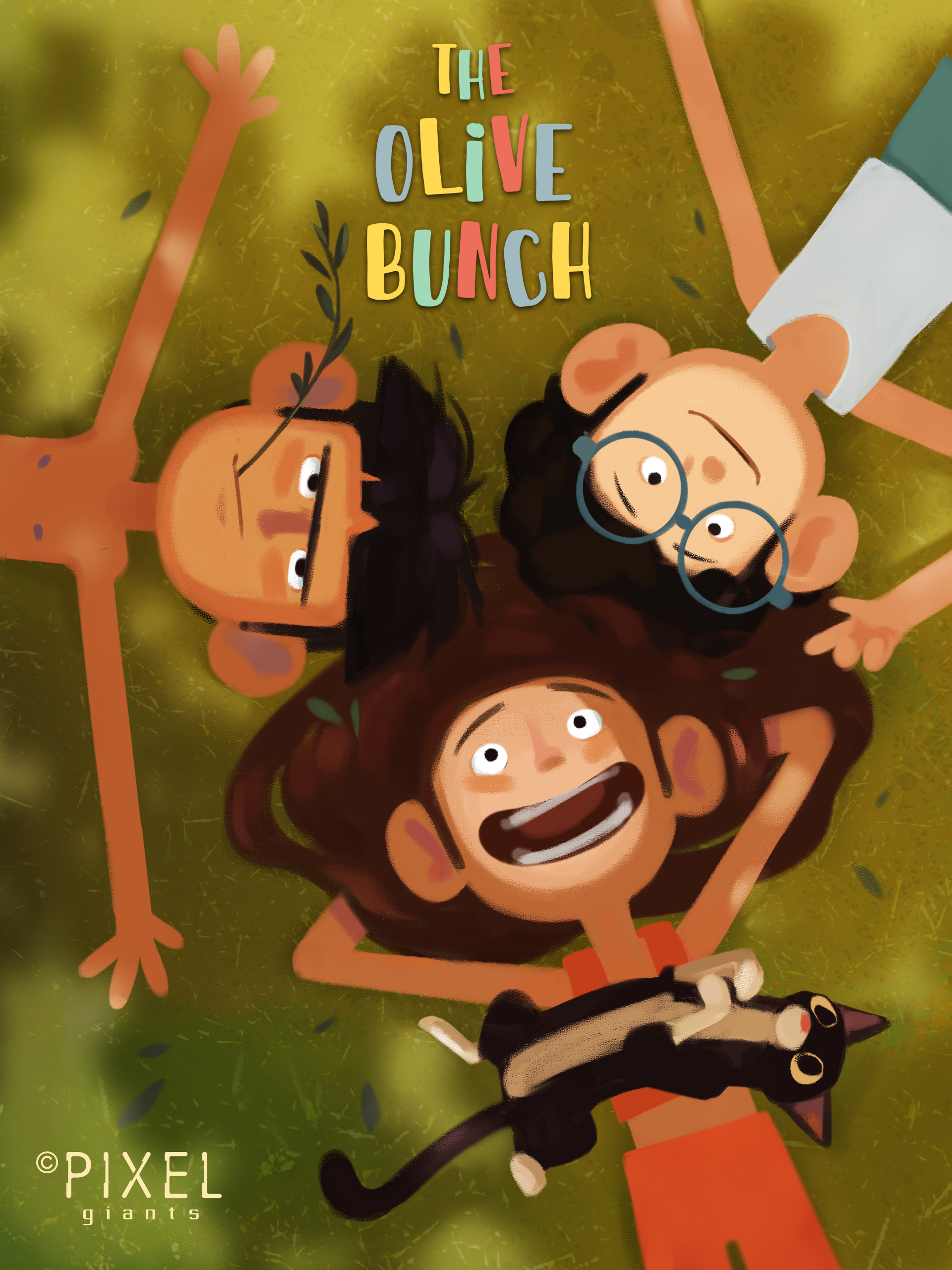 Poster with illustration of three children lying on the ground. One child has a cat lying across them. The text 'The Oliver Bunch' appears at the top.
