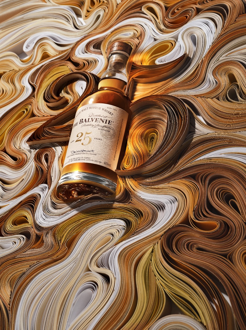 A bottle of 'Balenvie' upon a swirly brown background