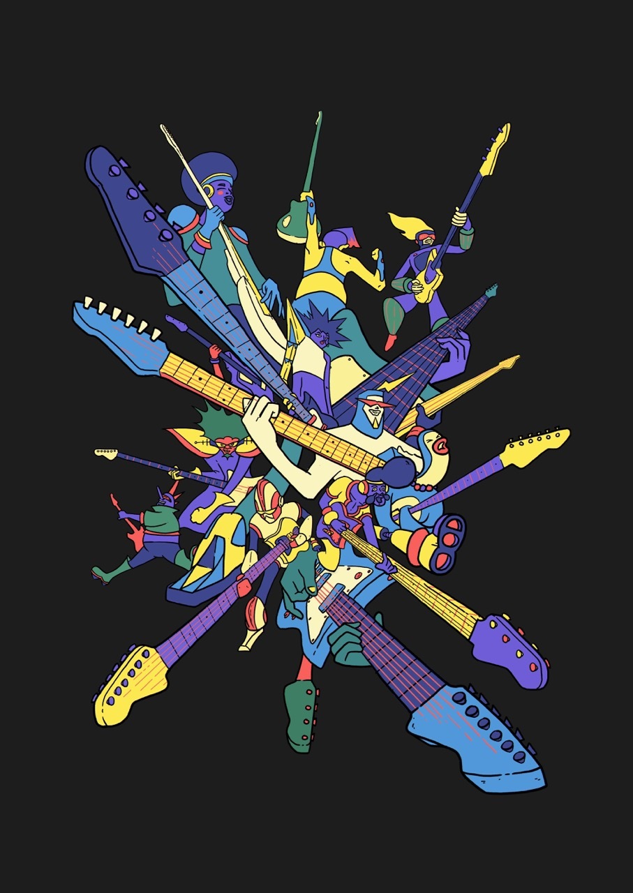 Illustration of colourful musicians and guitars branching out from the centre, dark background.