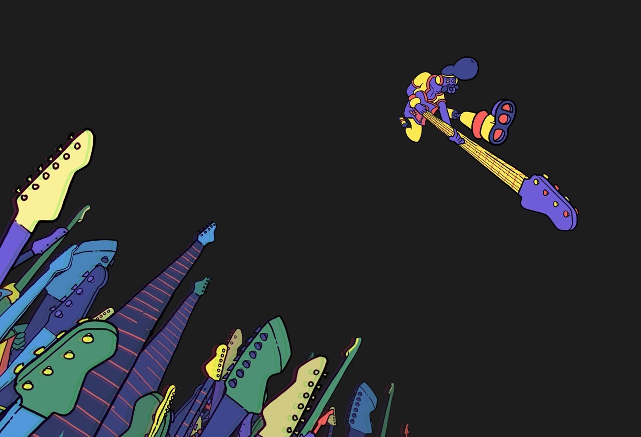 Illustration of colourful guitar necks and a person leaping with a guitar in the air, dark background.