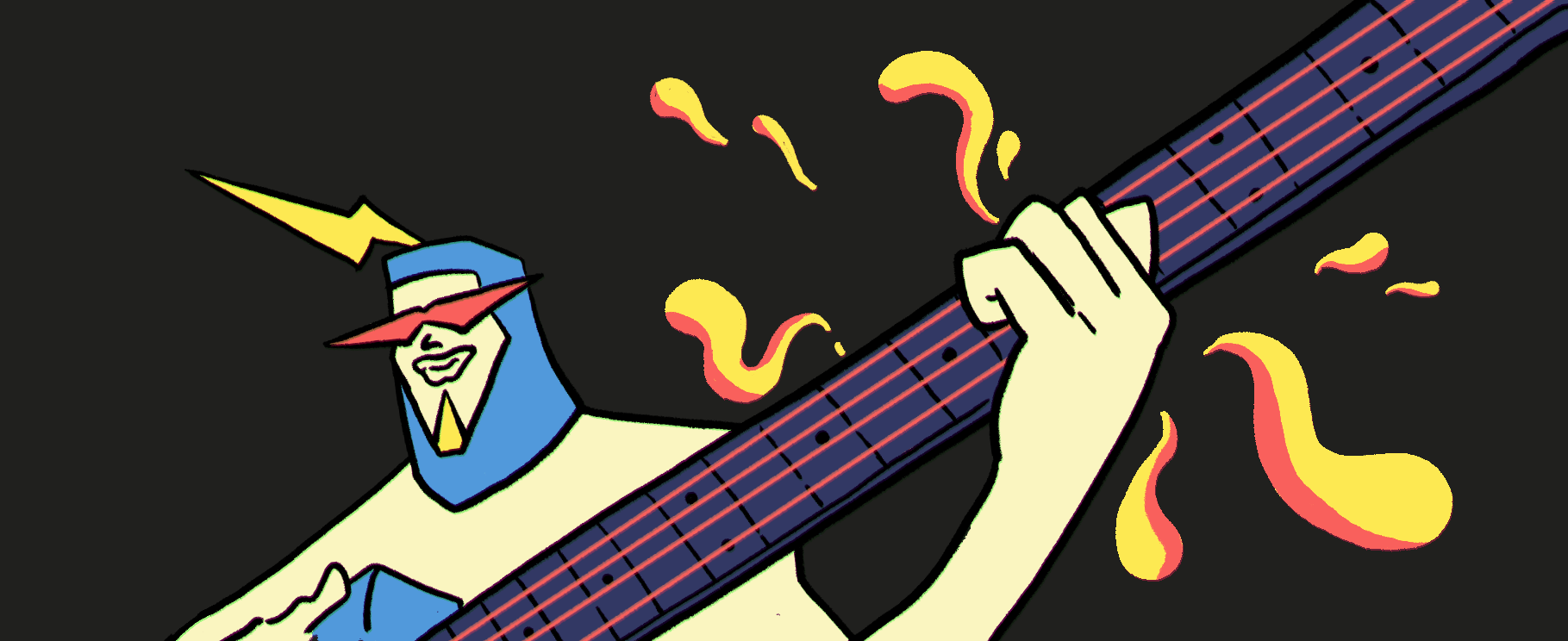 Illustration of a colourful character playing guitar stings, dark background.