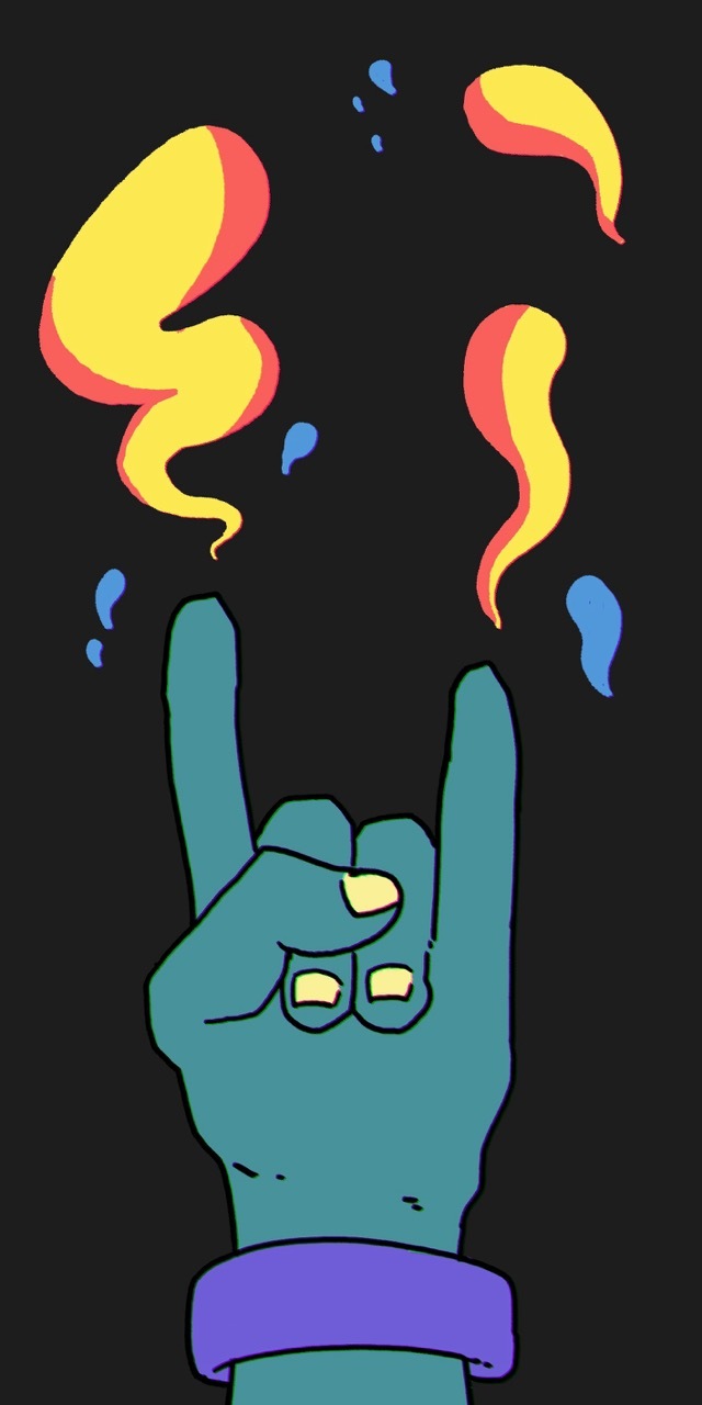 Illustration of a green hand in a rock music gesture, colourful graphics, dark background.