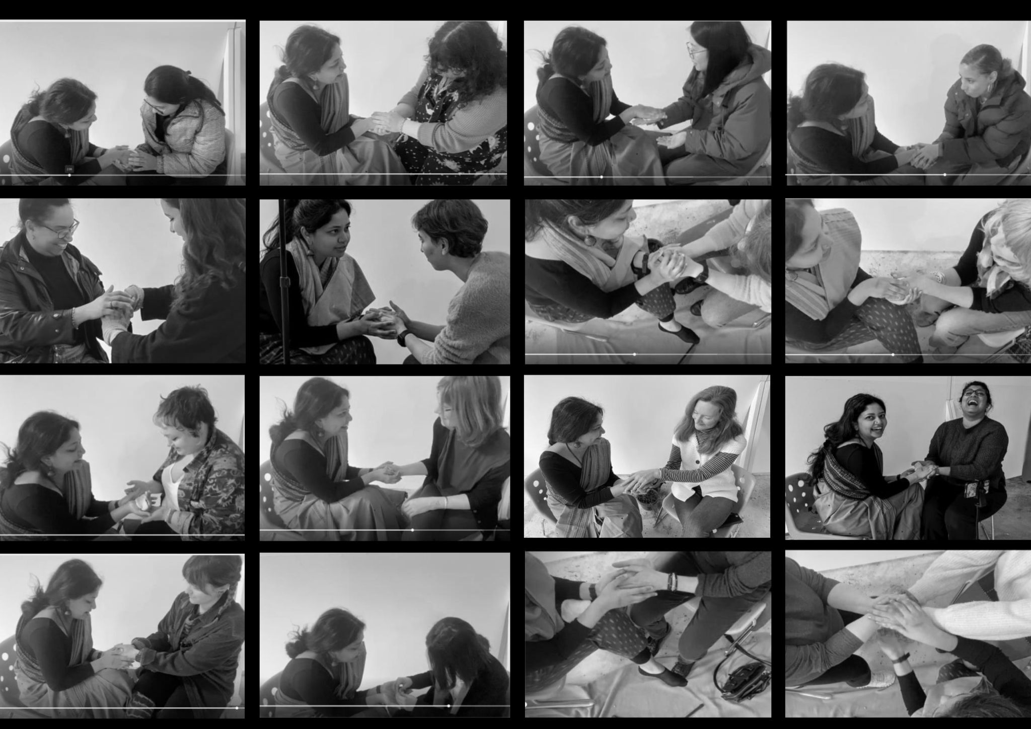 16 split images of two different people holding hands and talking, black and white.