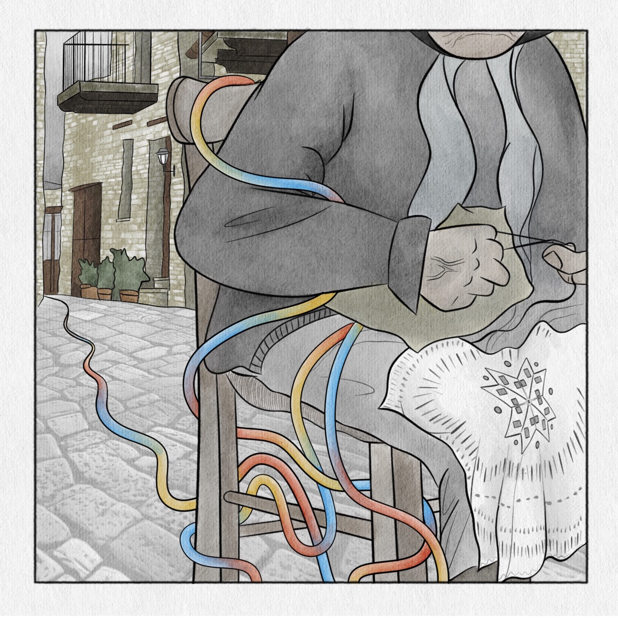 Illustration of the body of an old woman sitting in a chair holding a piece of thread between both hands. A multicoloured cord tangles around her arm and the chair and back down the street behind her.