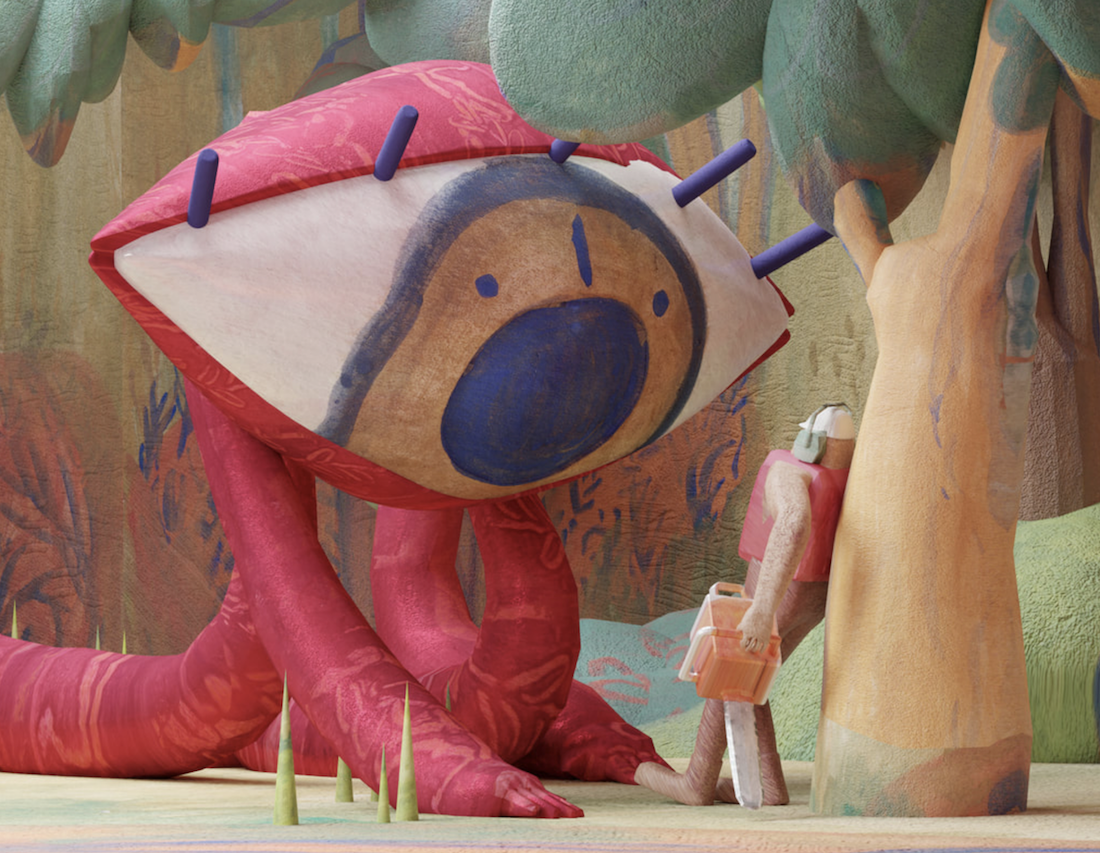 Material-style render of a large red eye looking at a person leaning outside against a tree.