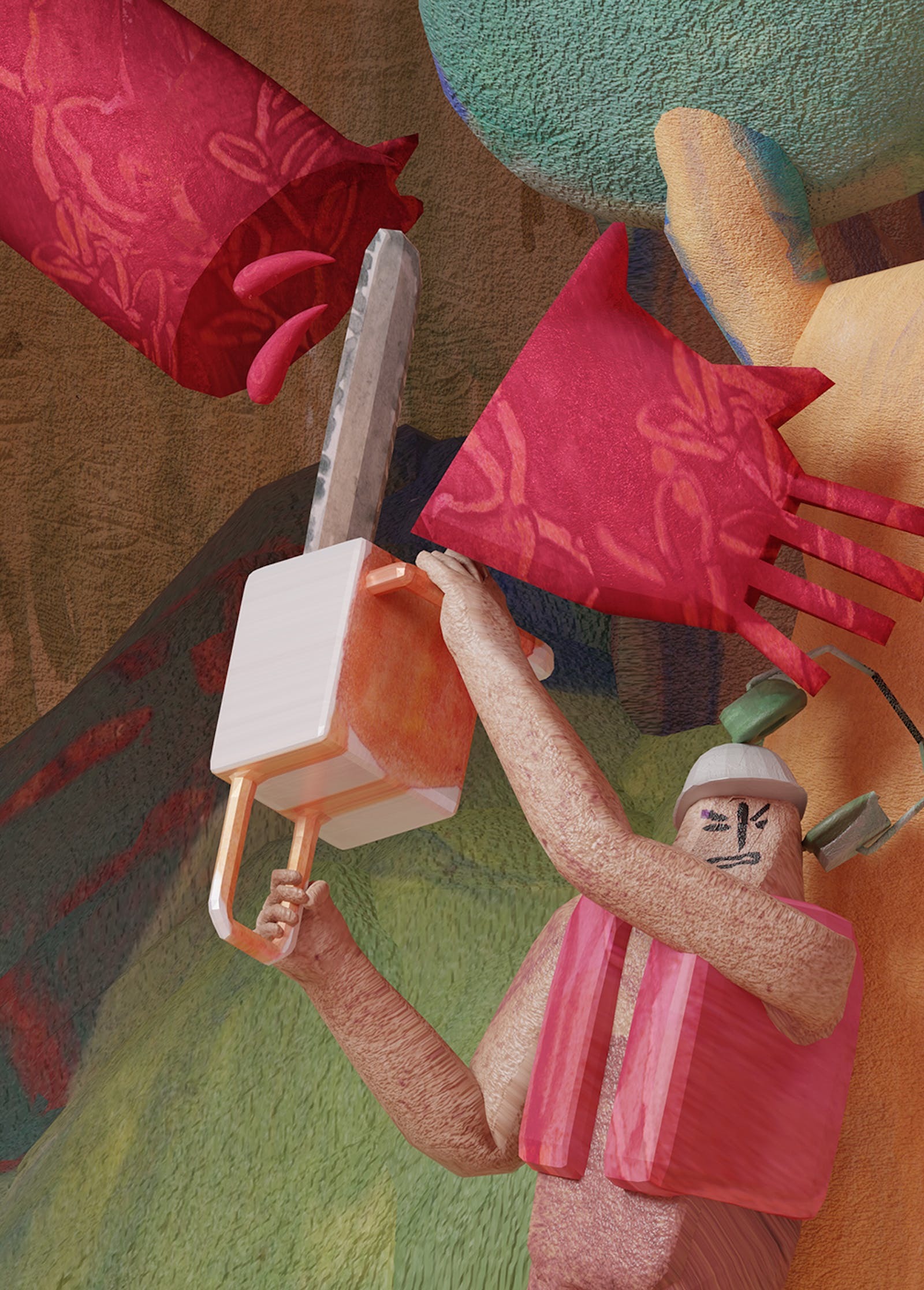 Digital illustration of blocky humanoid figures in pink and peach tones. One holds white rectangular object, another has red cubic head. Green textured background.