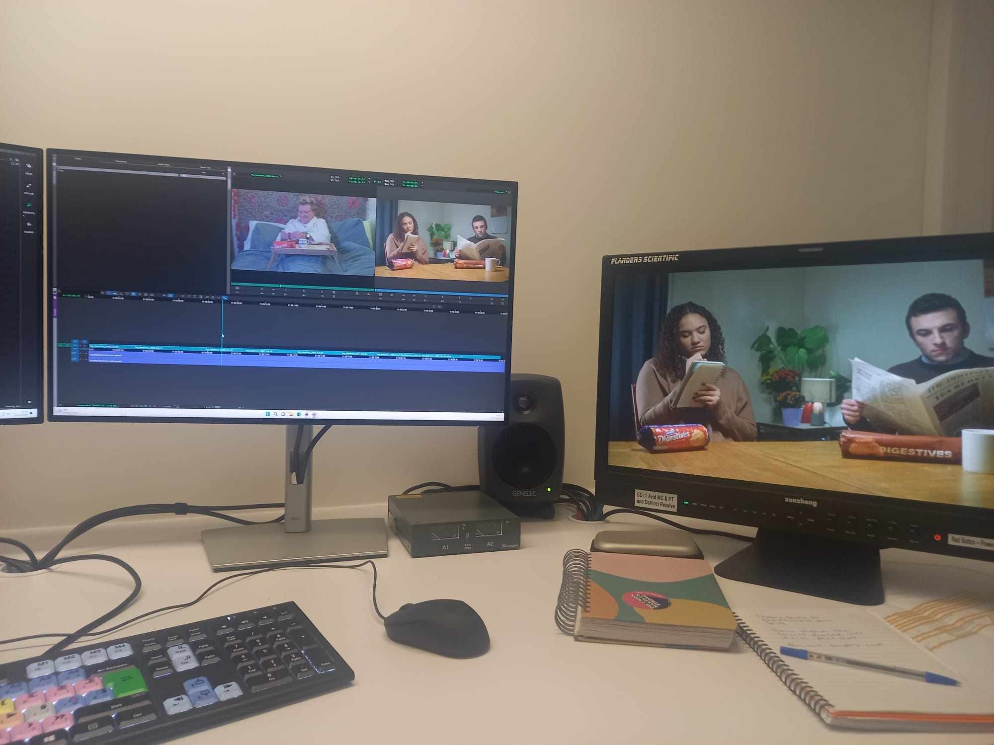 Two monitors in an editing studio. The left monitor shows the interface for editing software; the right monitor shows a still from the commercial "Tea Rebellion".