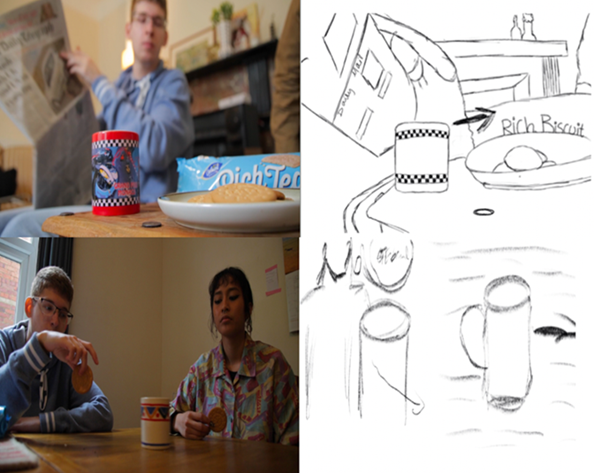 Two film stills, next to line-drawn storyboards. The top still shows a person in pyjamas reading a newspaper looking down at a plate of biscuits. The bottom still shows two people in pyjamas sitting at a table, holding biscuits and drinking tea.
