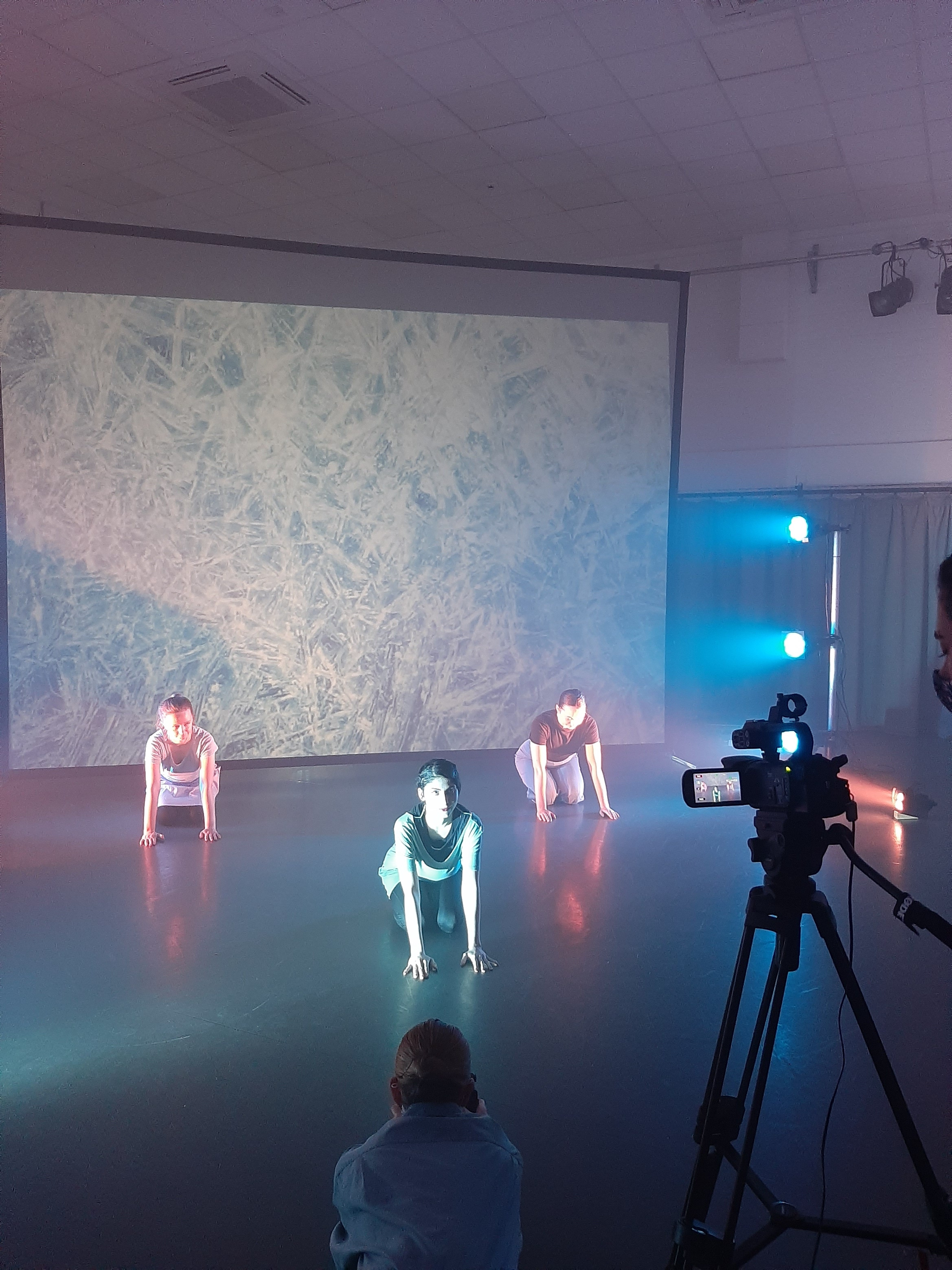 Three BA (Hons) Dance students on their hands and knees performing in front of a camera.