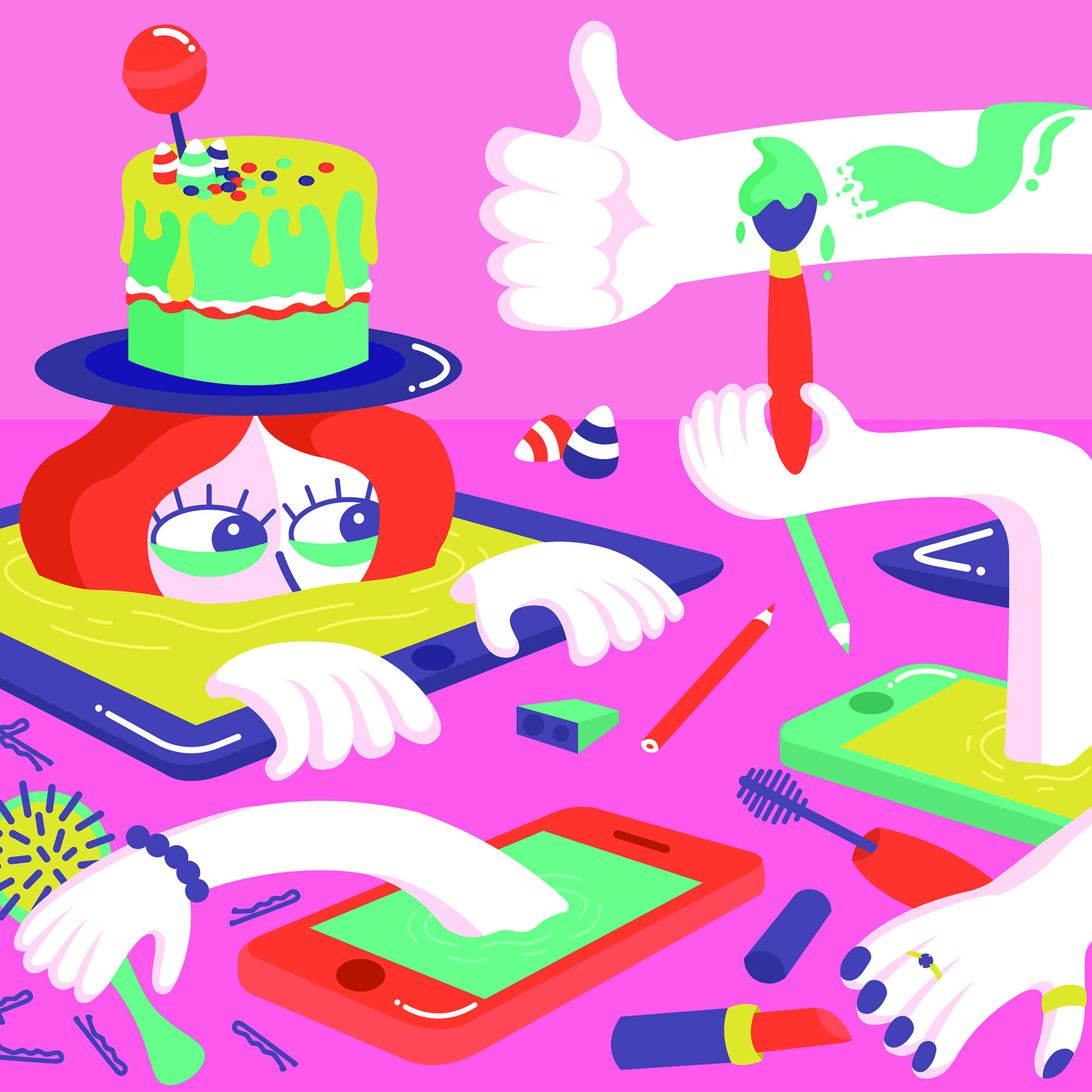 pink abstract illustration of girl with iPads, phones and make-up