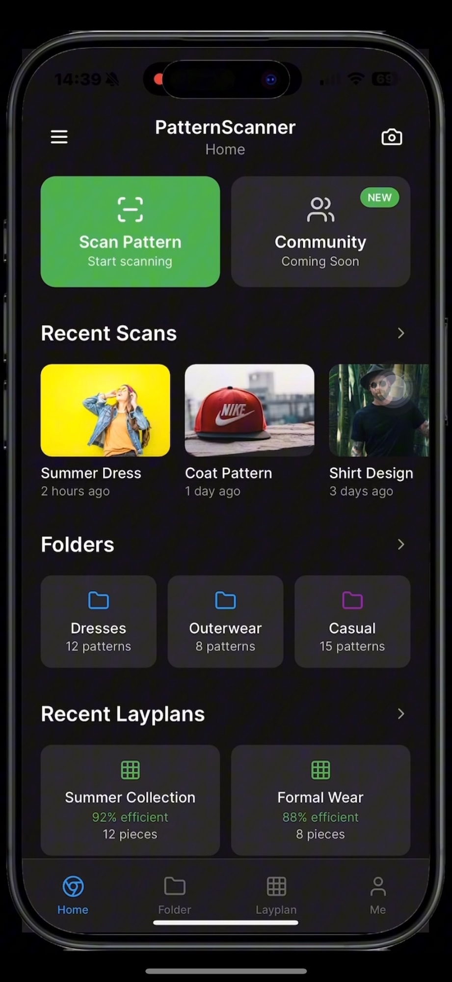 Mobile app interface showing PatternScanner home screen with green scan button, recent scans, folders, and layplans sections on dark background.