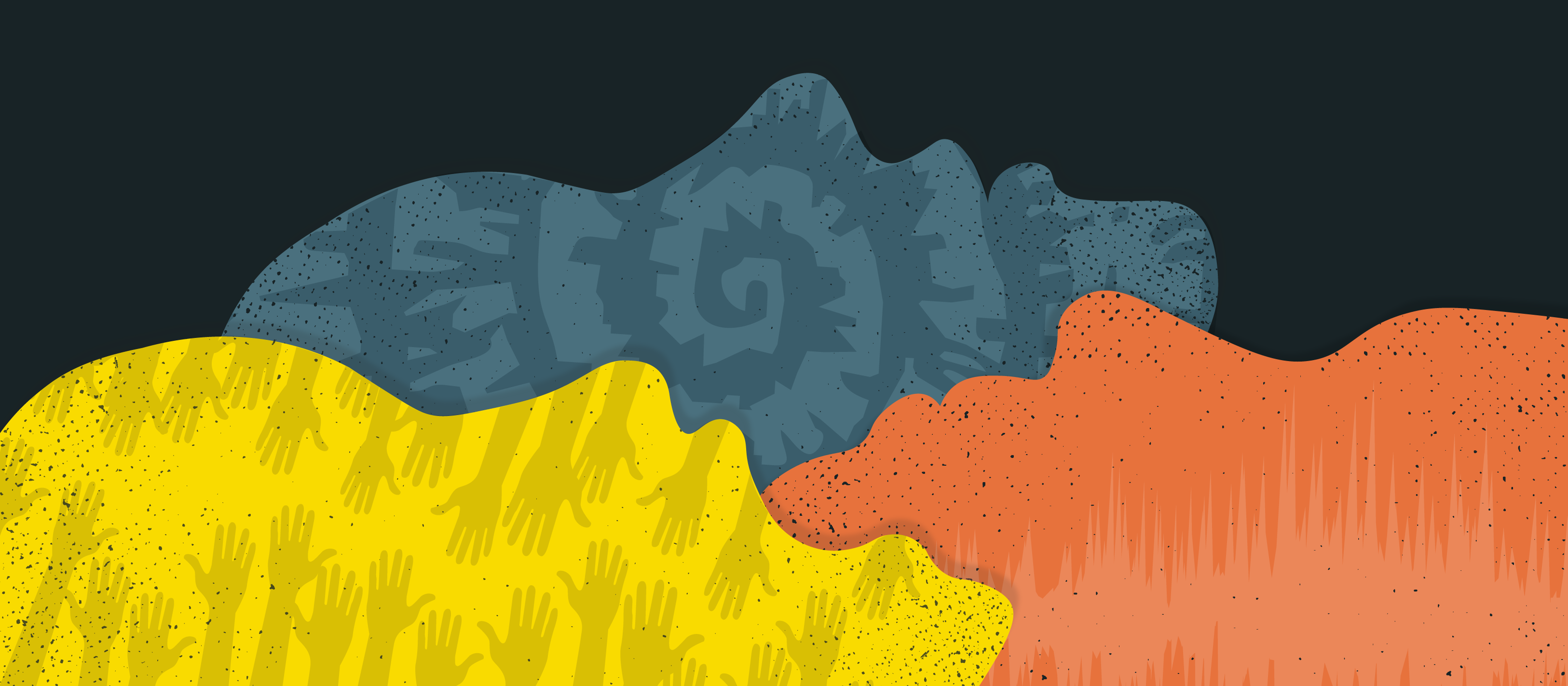 Illustration of three faces emerging from the ground in different colours, yellow, orange and blue