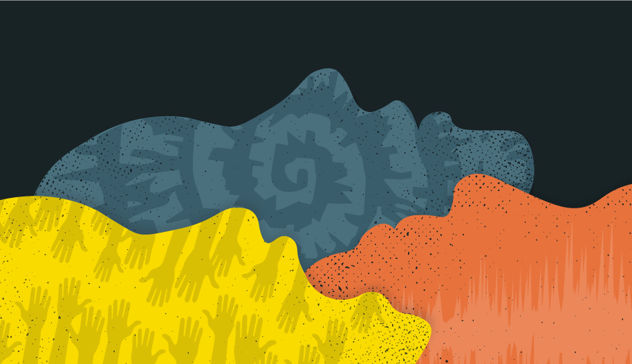 Illustration of three faces emerging from the ground in different colours, yellow, orange and blue