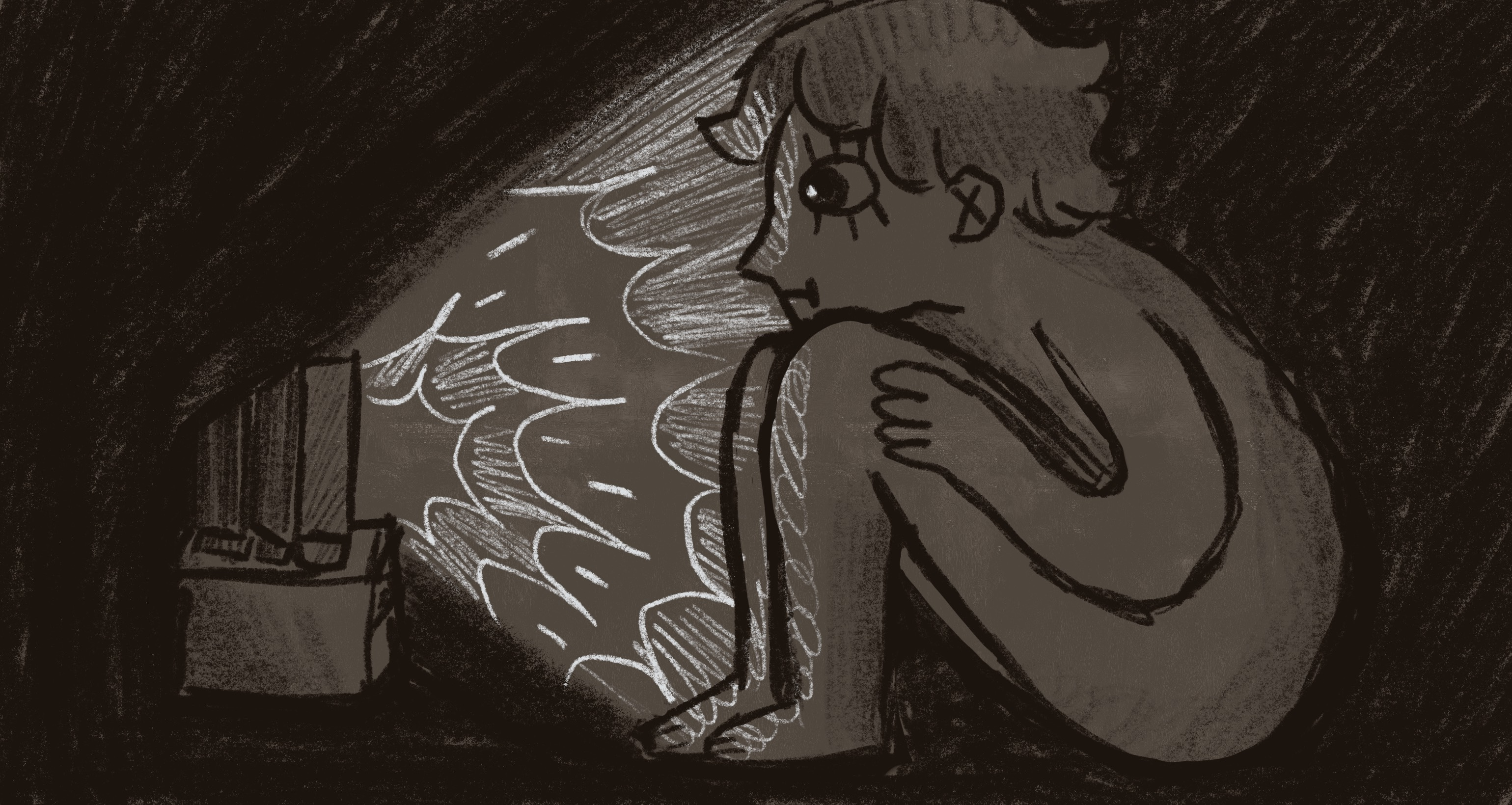 Illustration of a child sitting in the dark watching as a small television shines bursts of light onto them.