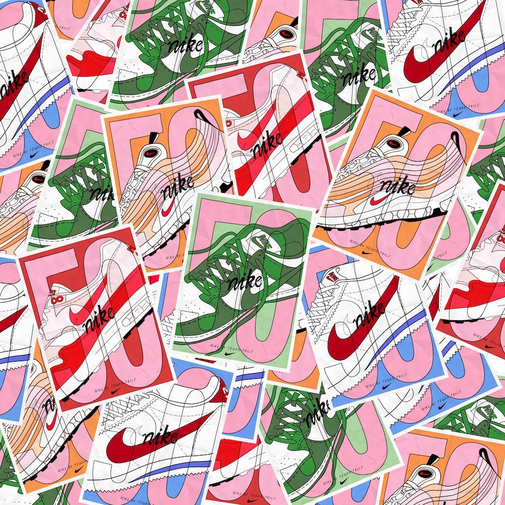 Colourful graphic with repeated posters showing the number 50 in pink with green, orange and red variations of the Nike logo.