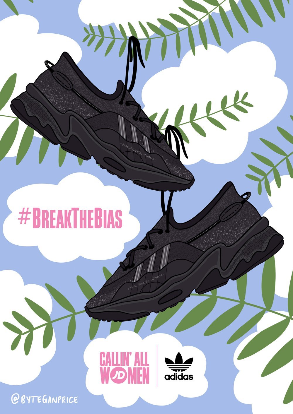 Poster with illustrated black Air Force 1s, clouds and plants, with pink text that reads '#breakthebias, callin' all women' and the adidas logo.